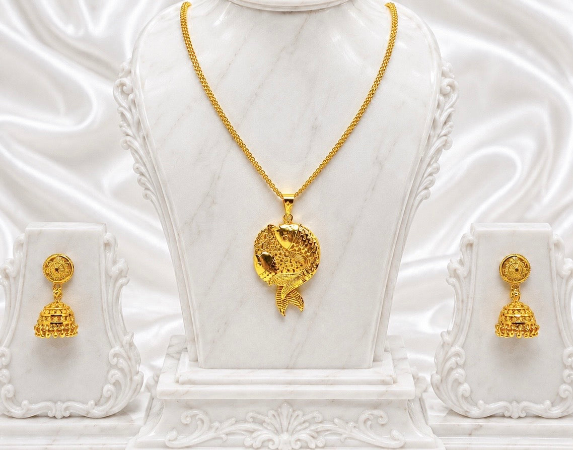 Gold Fish Design Pendant Necklace Set | Micro Gold Plated Handcrafted Jewellery with Jhumka Earrings