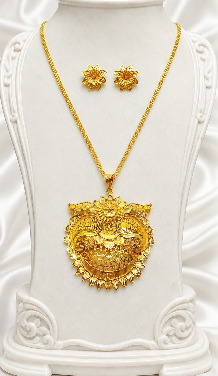 Temple Floral Statement Pendant Necklace Set | Micro Gold Plated Handcrafted Jewellery with Earrings