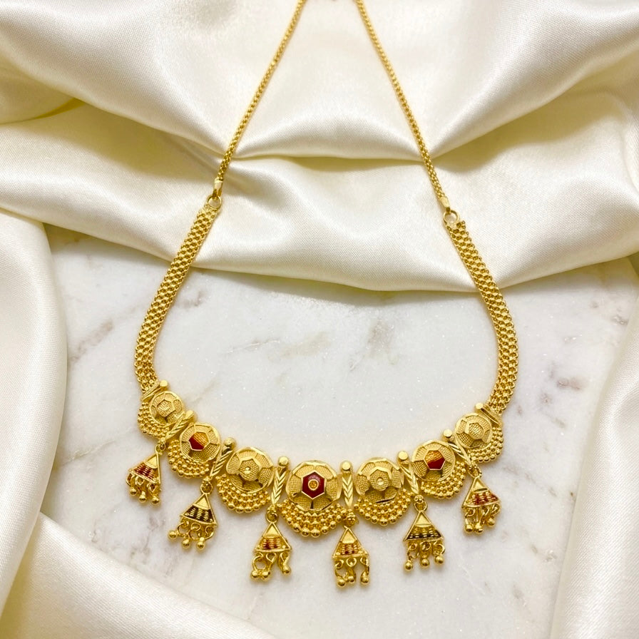 Micro Plated Dubai Gold Meenakari Necklace Set |Round Mesh Motifs with Hanging Drops]