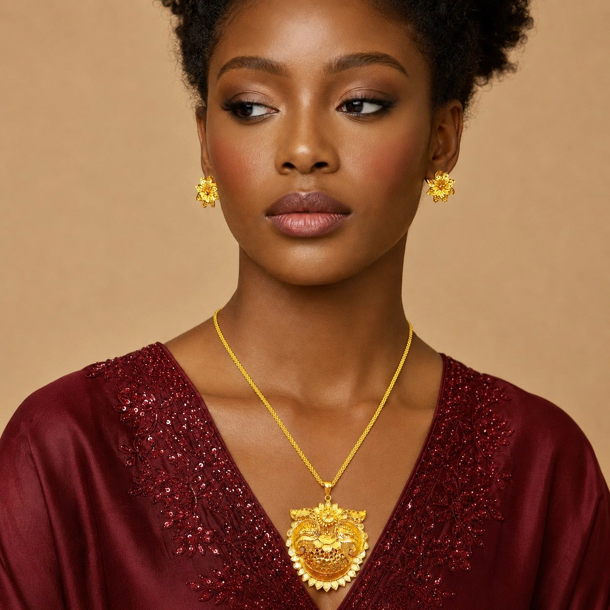 Temple Floral Statement Pendant Necklace Set | Micro Gold Plated Handcrafted Jewellery with Earrings