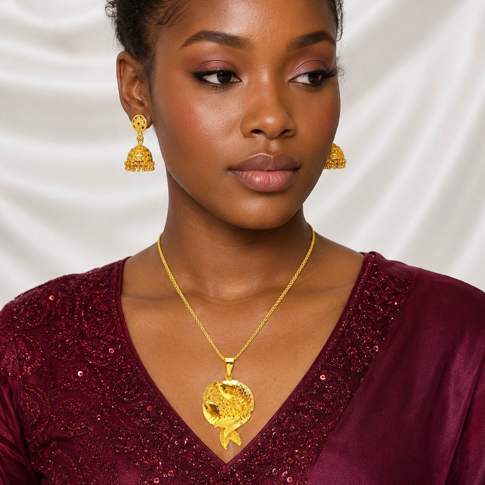 Gold Fish Design Pendant Necklace Set | Micro Gold Plated Handcrafted Jewellery with Jhumka Earrings
