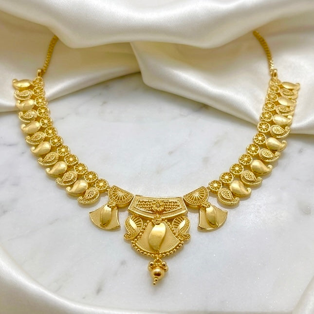 Micro Plated Dubai Gold Round Mesh & Leaf Motif Necklace Set