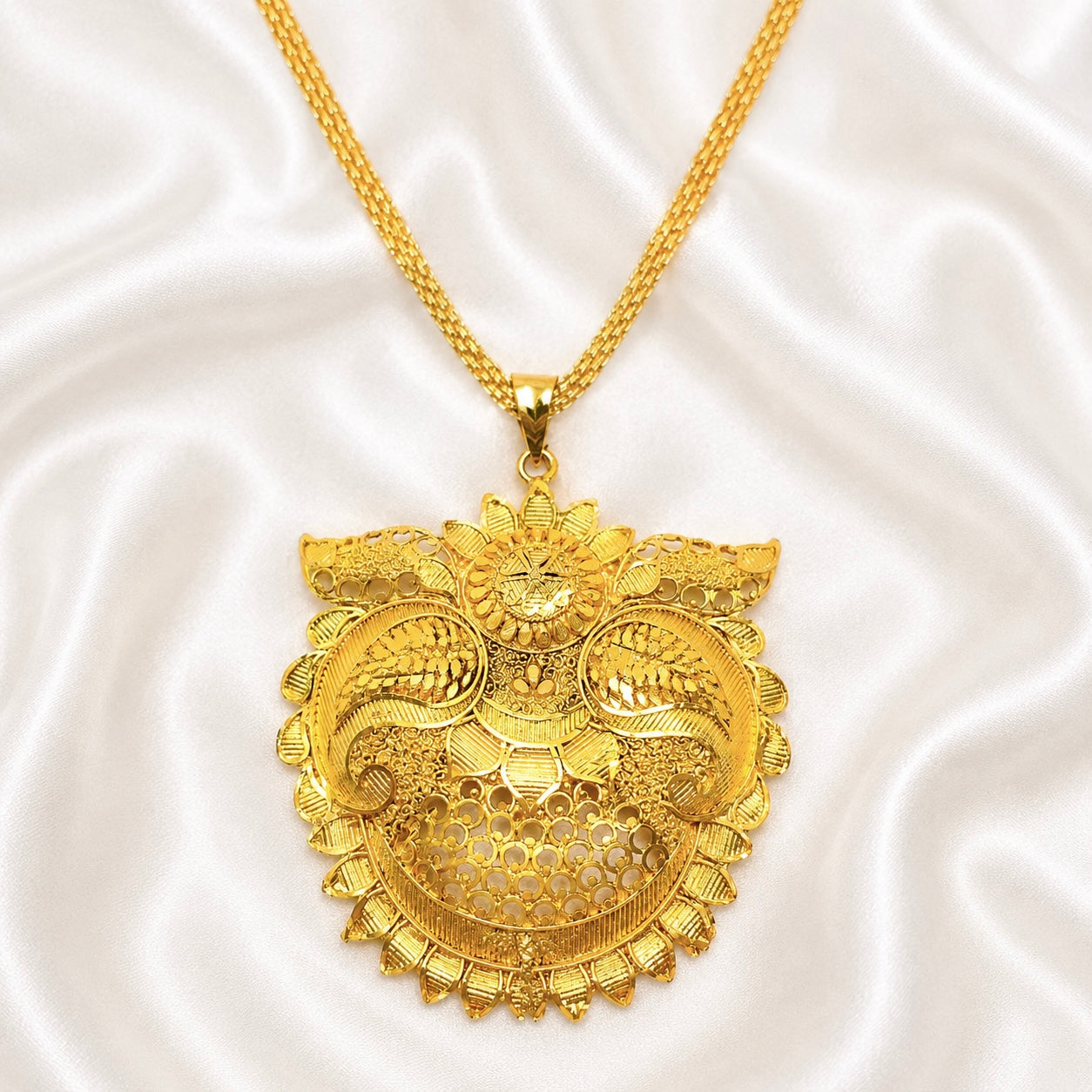 Temple Floral Statement Pendant Necklace Set | Micro Gold Plated Handcrafted Jewellery with Earrings