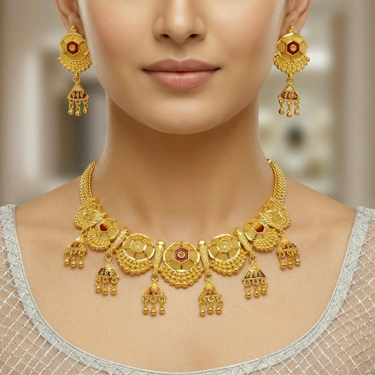 Micro Plated Dubai Gold Meenakari Necklace Set |Round Mesh Motifs with Hanging Drops]