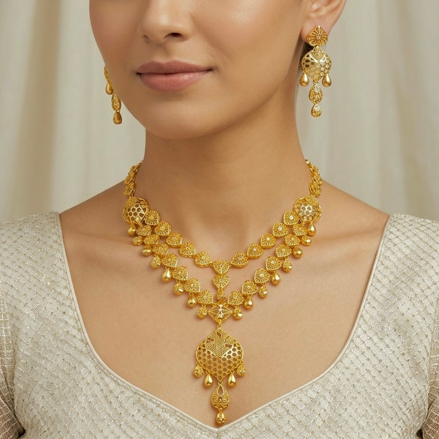 Micro Plated Dubai Gold Statement Necklace Set