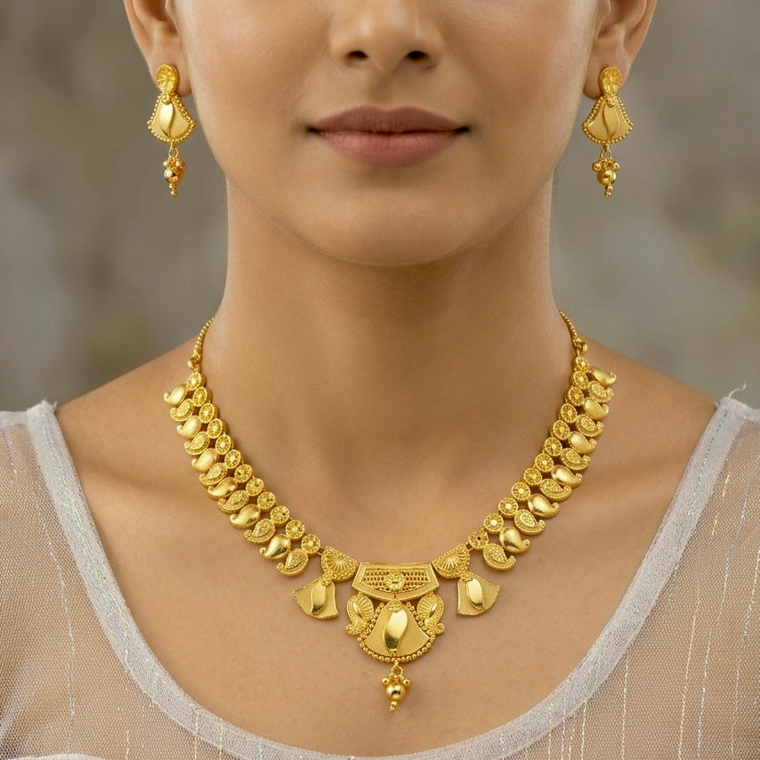 Micro Plated Dubai Gold Round Mesh & Leaf Motif Necklace Set