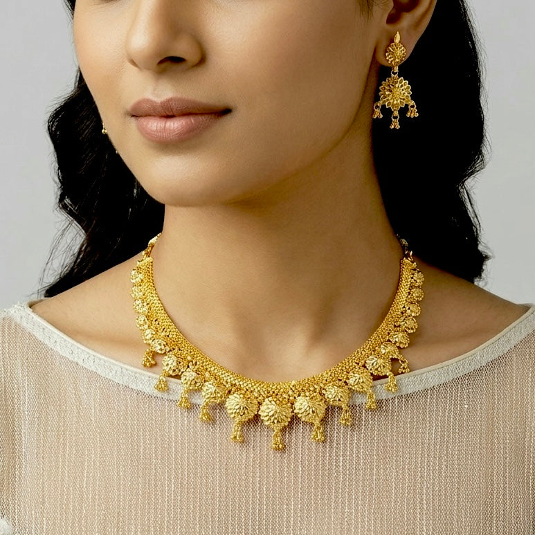 Micro Plated Dubai Gold Floral Drop Necklace Set
