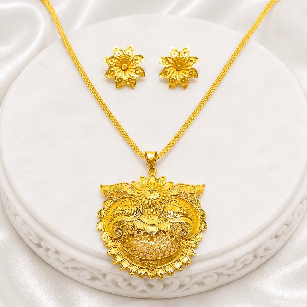 Temple Floral Statement Pendant Necklace Set | Micro Gold Plated Handcrafted Jewellery with Earrings