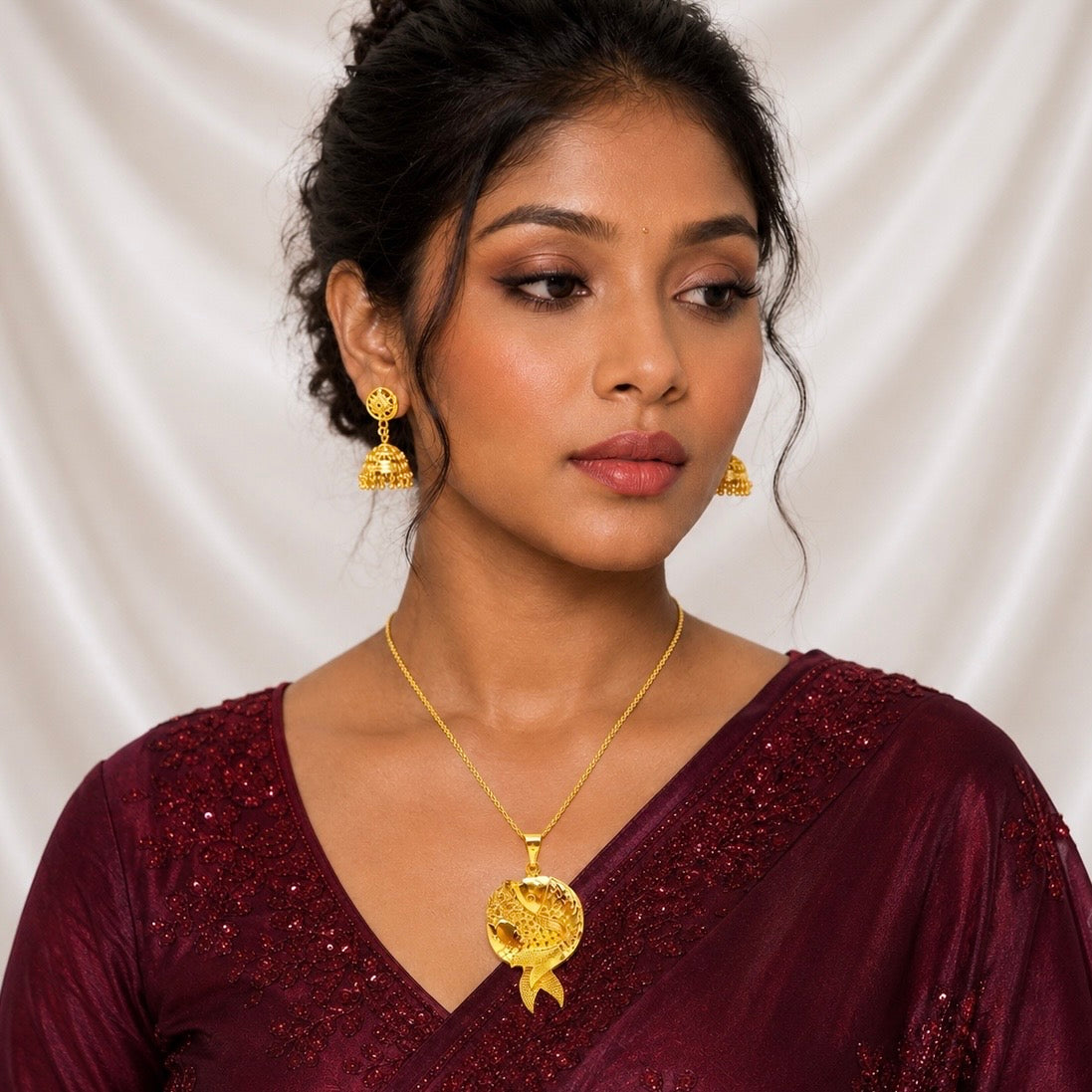 Gold Fish Design Pendant Necklace Set | Micro Gold Plated Handcrafted Jewellery with Jhumka Earrings