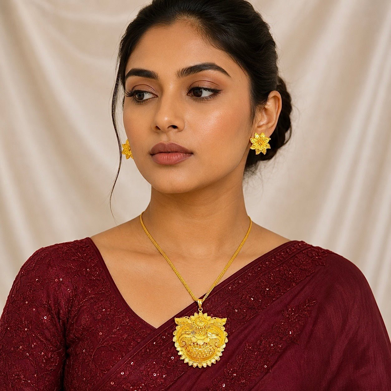 Temple Floral Statement Pendant Necklace Set | Micro Gold Plated Handcrafted Jewellery with Earrings