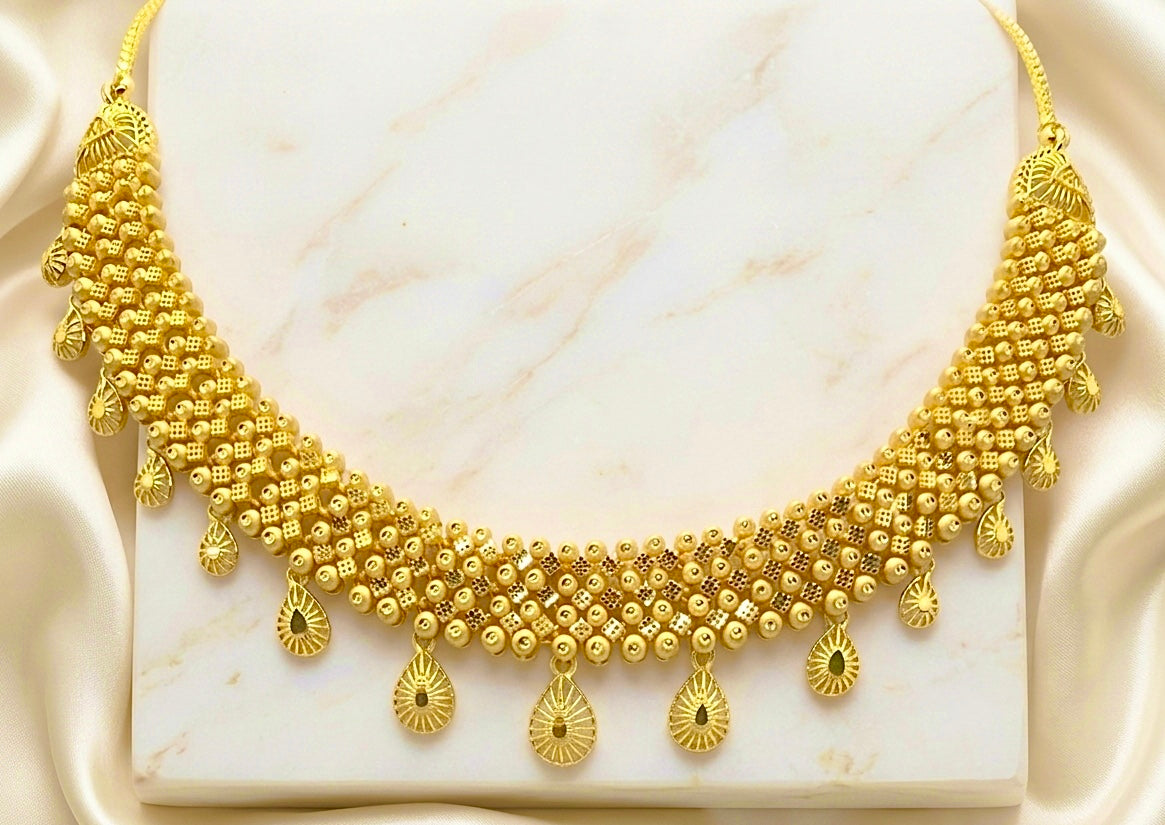 Micro Plated Dubai Gold beaded necklace with hanging drops set