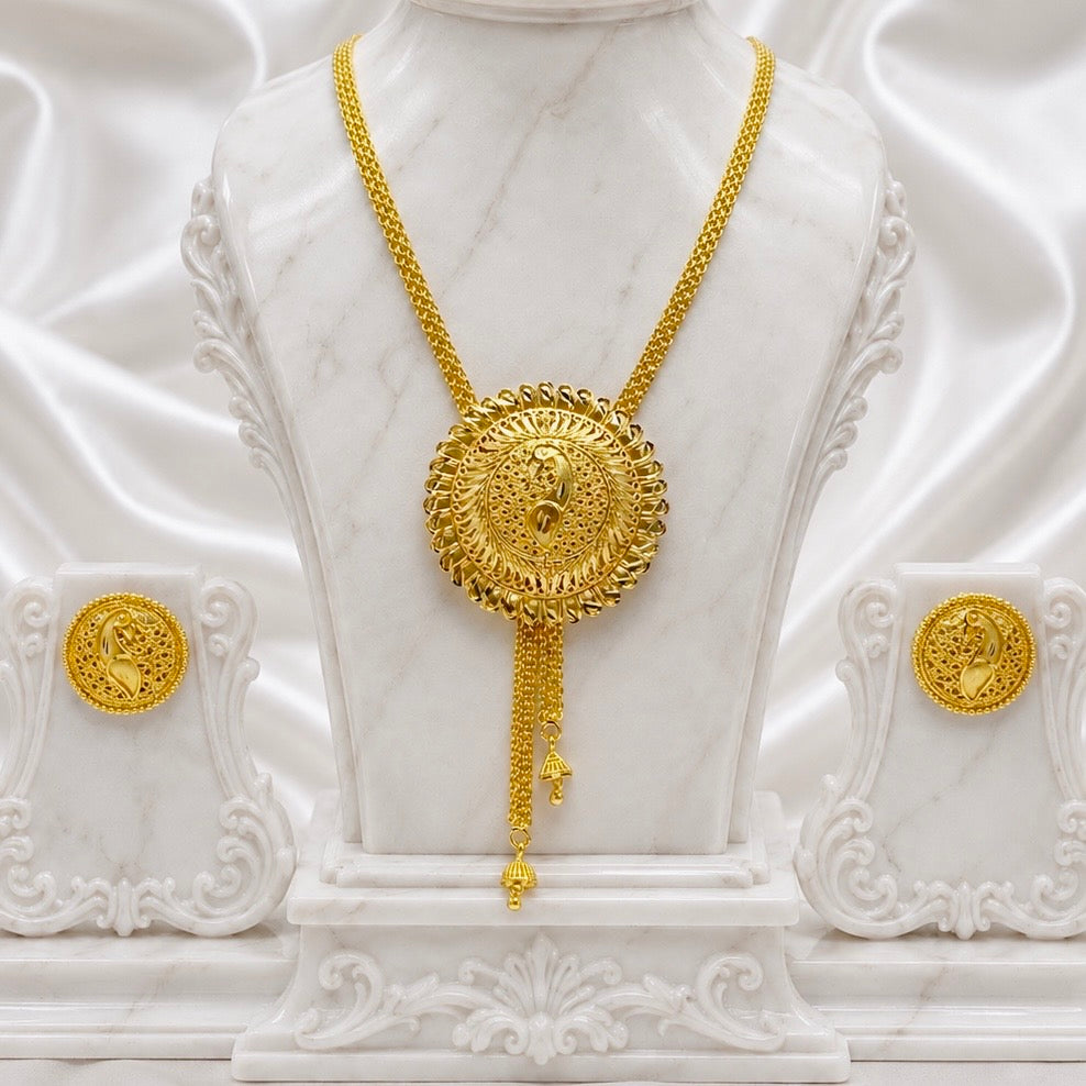 Luxury Temple Swan Coin Long Tie Chain Necklace Set | Premium Micro Gold Plated Handcrafted Jewellery
