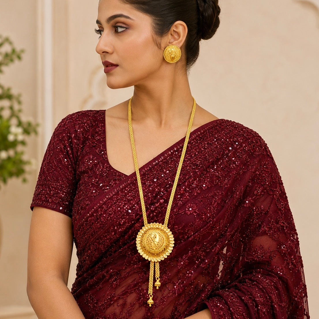 Luxury Temple Swan Coin Long Tie Chain Necklace Set | Premium Micro Gold Plated Handcrafted Jewellery