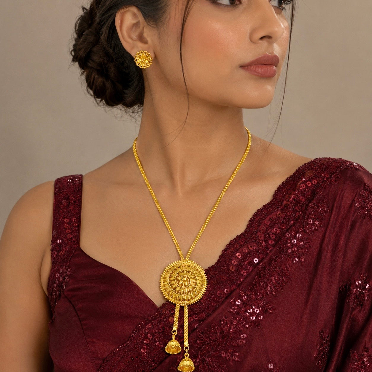 Luxury Temple Circular Medallion Tie Chain Necklace Set | Premium Micro Gold Plated Handcrafted Jewellery