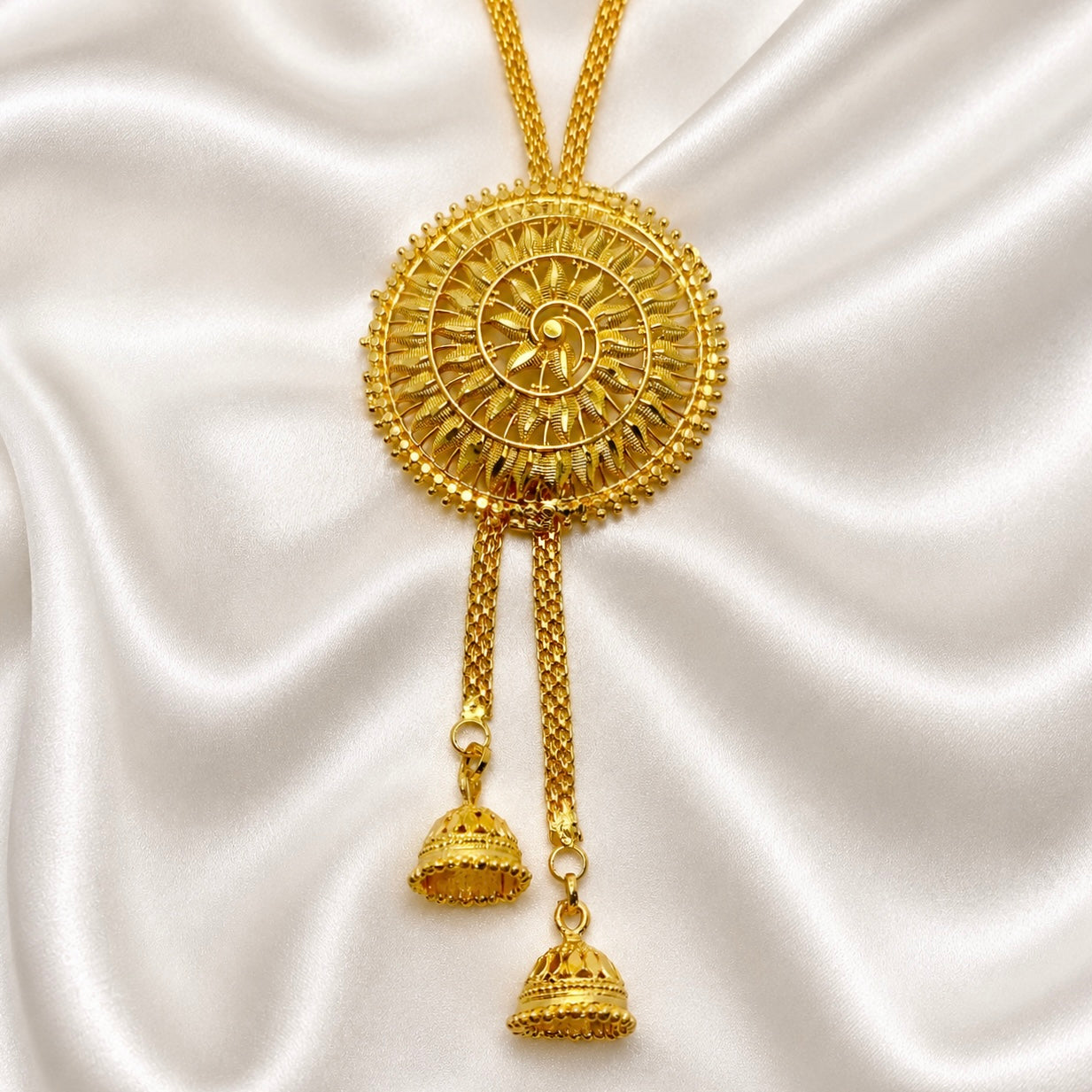Luxury Temple Circular Medallion Tie Chain Necklace Set | Premium Micro Gold Plated Handcrafted Jewellery