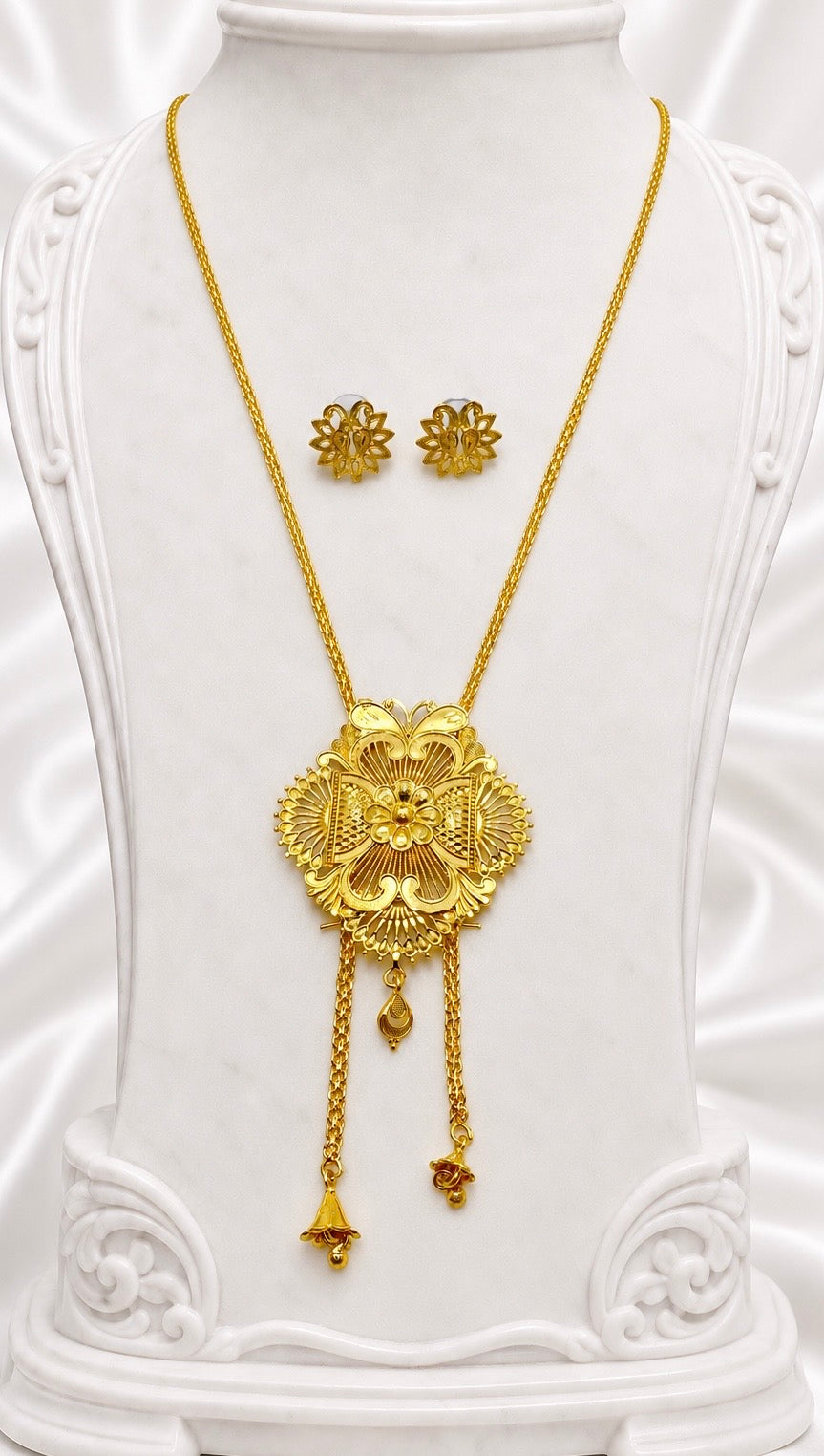 Luxury Temple Floral Medallion Tie Chain Necklace Set | Premium Micro Gold Plated Handcrafted Jewellery