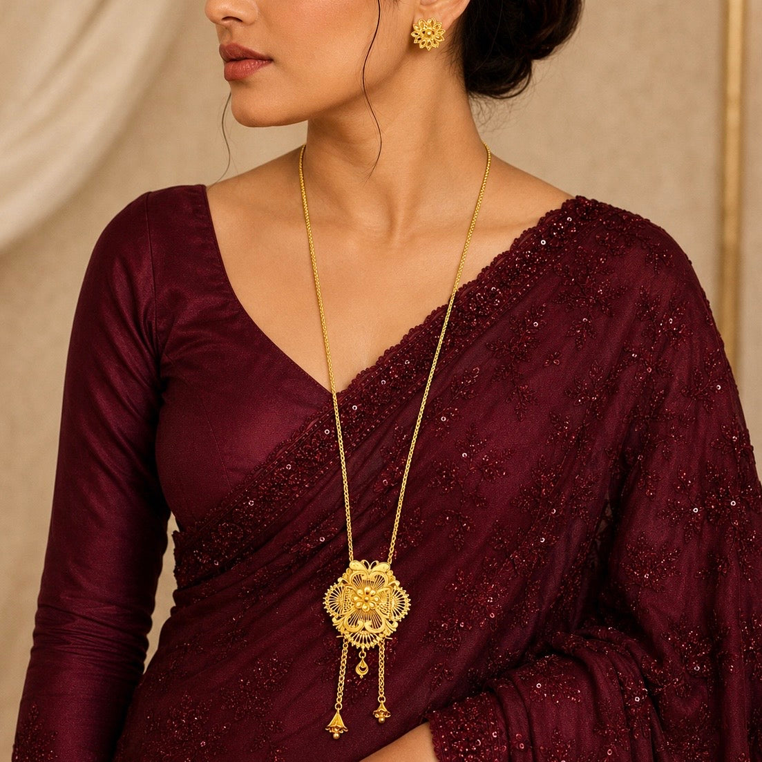 Luxury Temple Floral Medallion Tie Chain Necklace Set | Premium Micro Gold Plated Handcrafted Jewellery