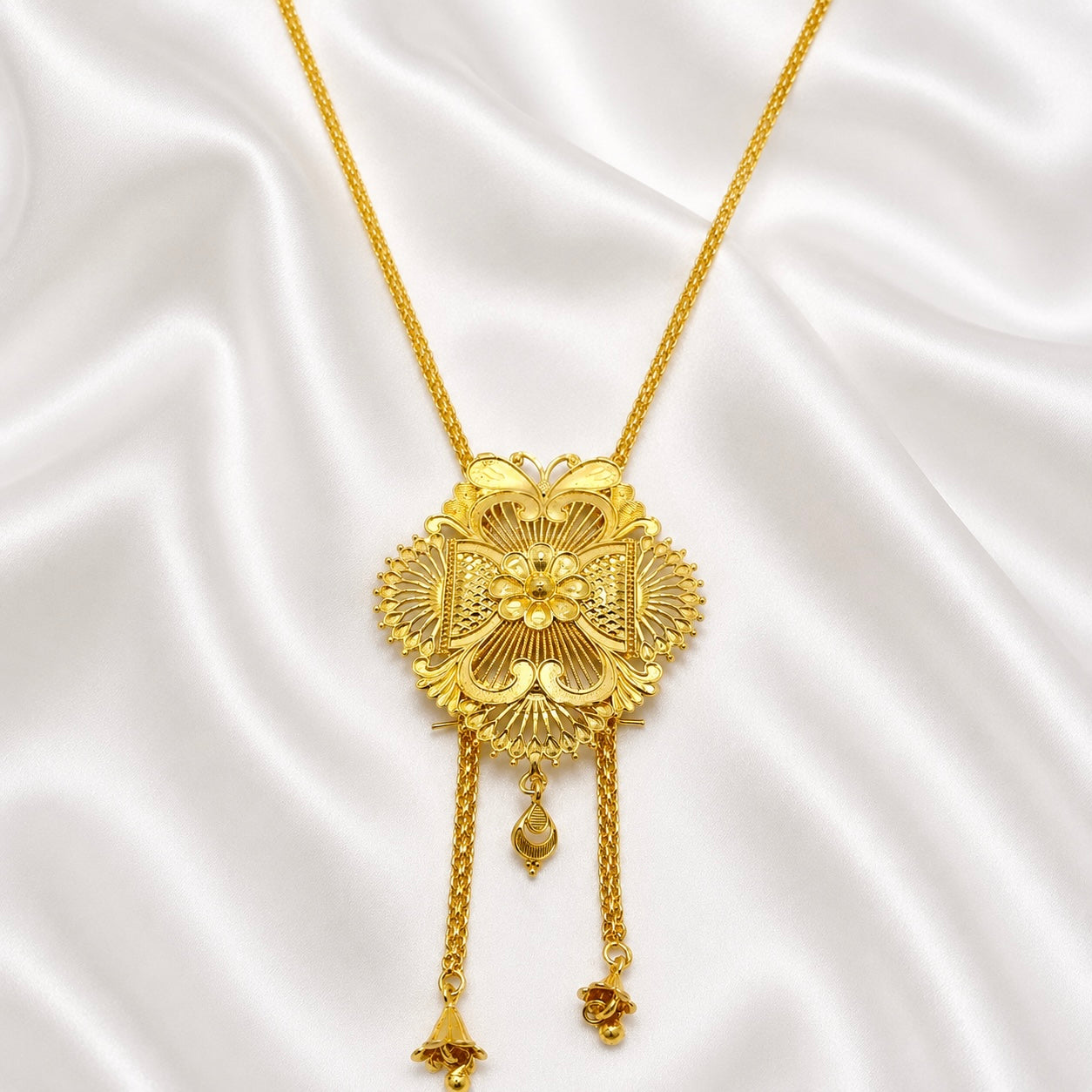 Luxury Temple Floral Medallion Tie Chain Necklace Set | Premium Micro Gold Plated Handcrafted Jewellery