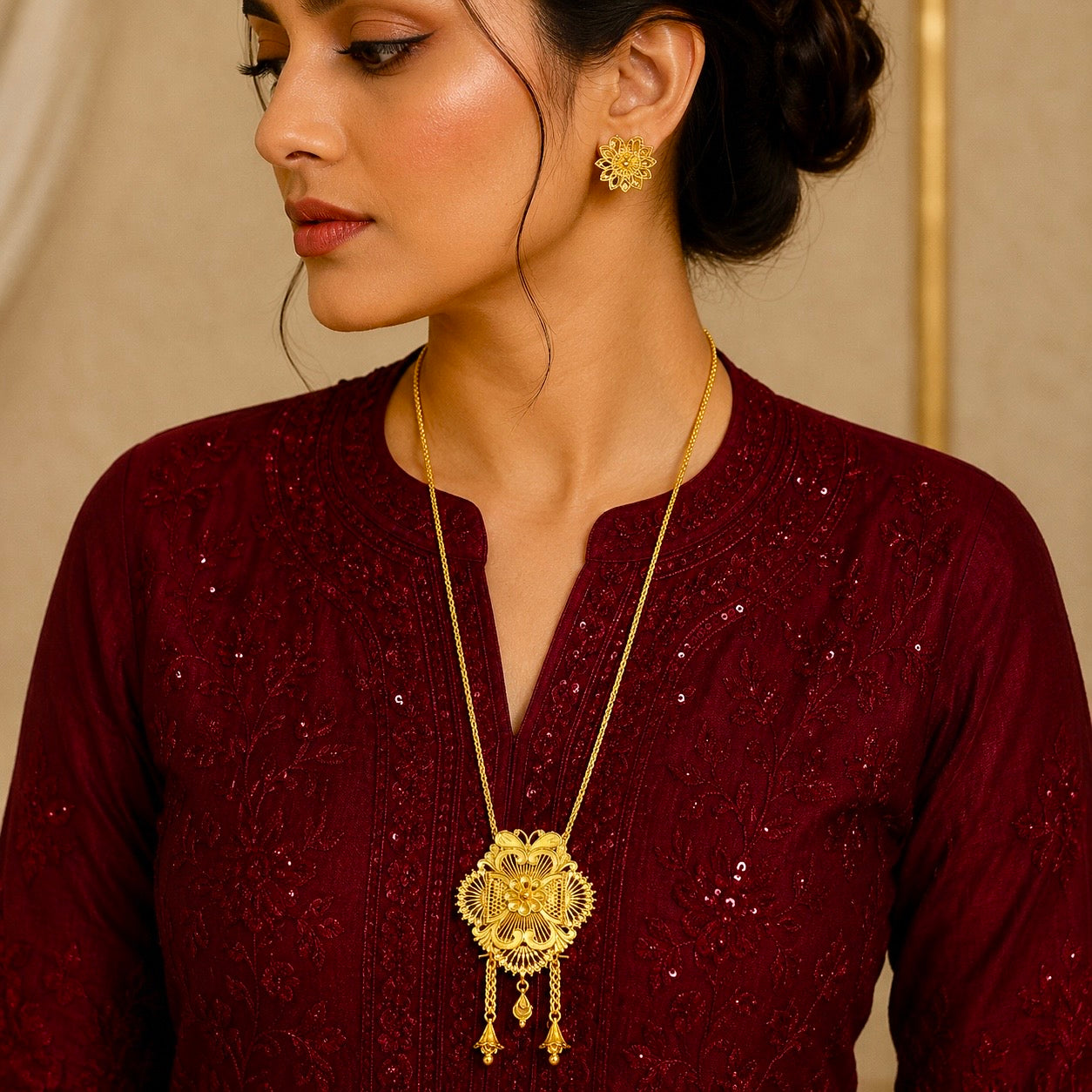 Luxury Temple Floral Medallion Tie Chain Necklace Set | Premium Micro Gold Plated Handcrafted Jewellery