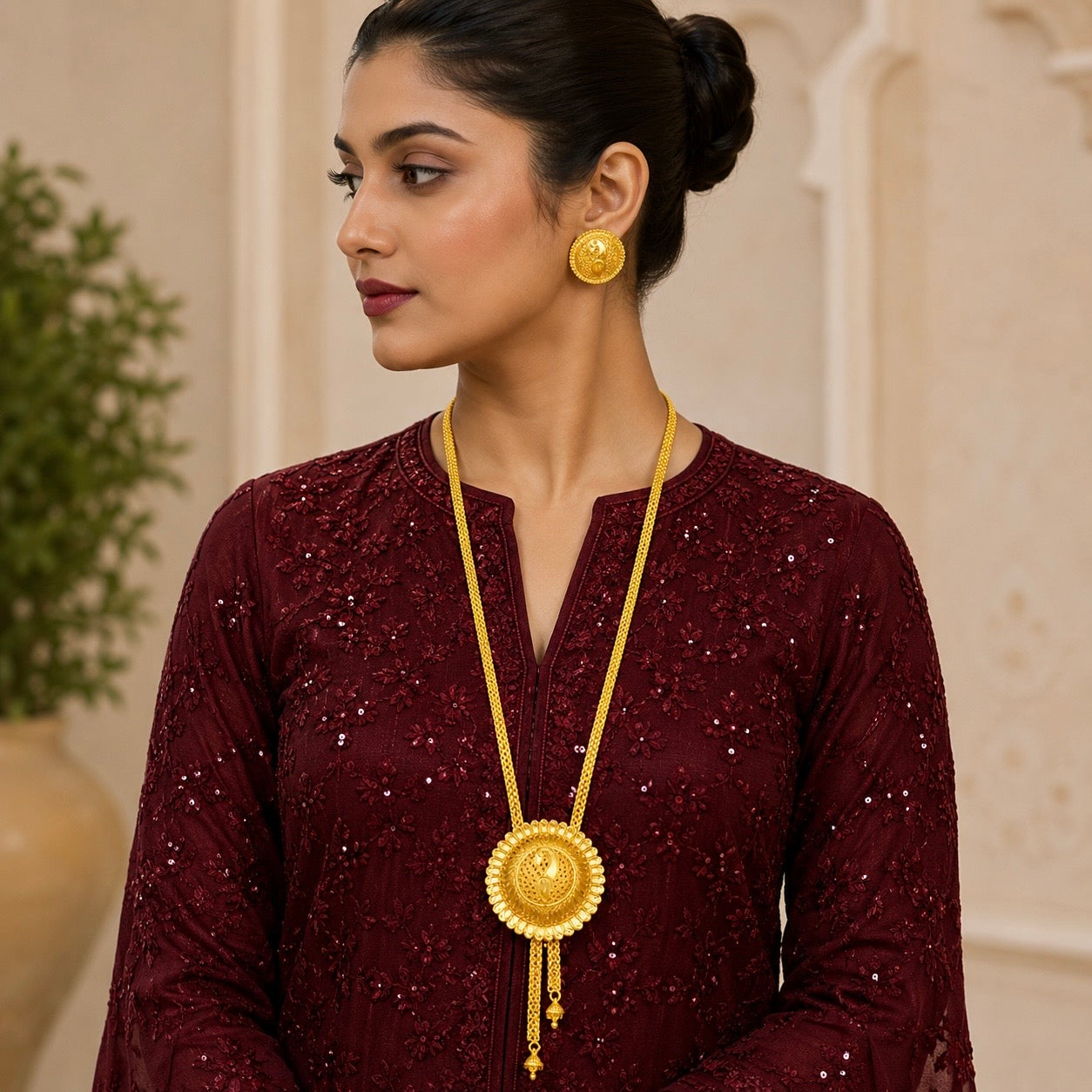 Luxury Temple Swan Coin Long Tie Chain Necklace Set | Premium Micro Gold Plated Handcrafted Jewellery