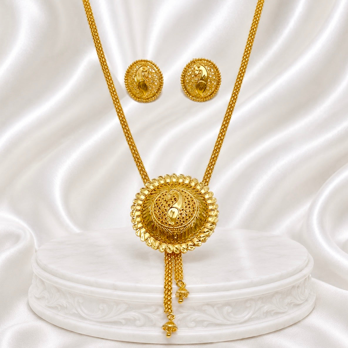 Luxury Temple Swan Coin Long Tie Chain Necklace Set | Premium Micro Gold Plated Handcrafted Jewellery
