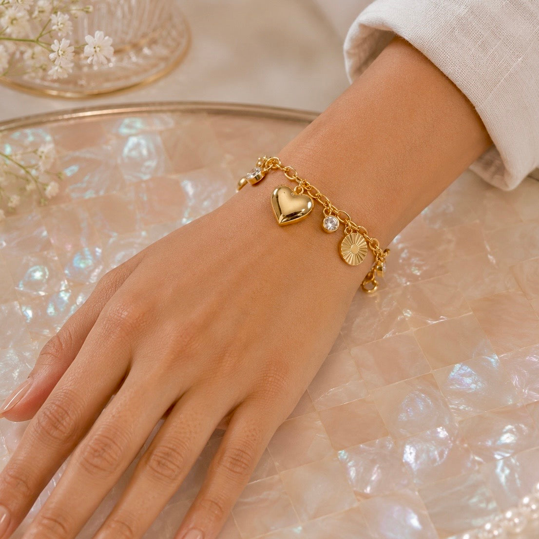 Celeste Heart Charm Bracelet – 18K Gold Plated Anti Tarnish Bracelet |Premium Cubic Zirconia AD Stones