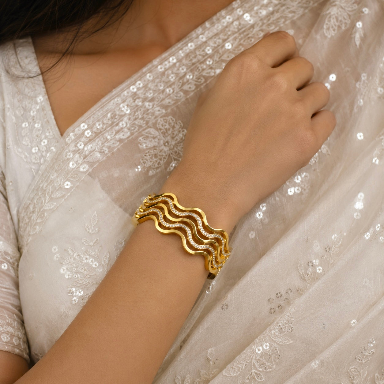 Wave Design Anti Tarnish Cuff Bracelet | Statement Bracelet for Women