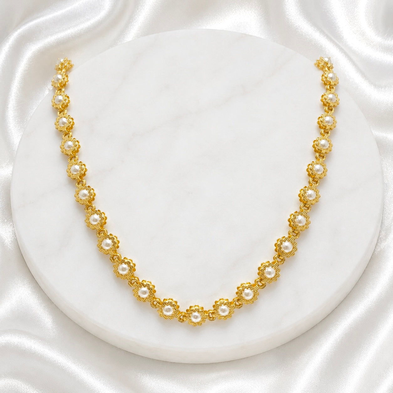 Microplated Gold Pearl Floral Neck Chain