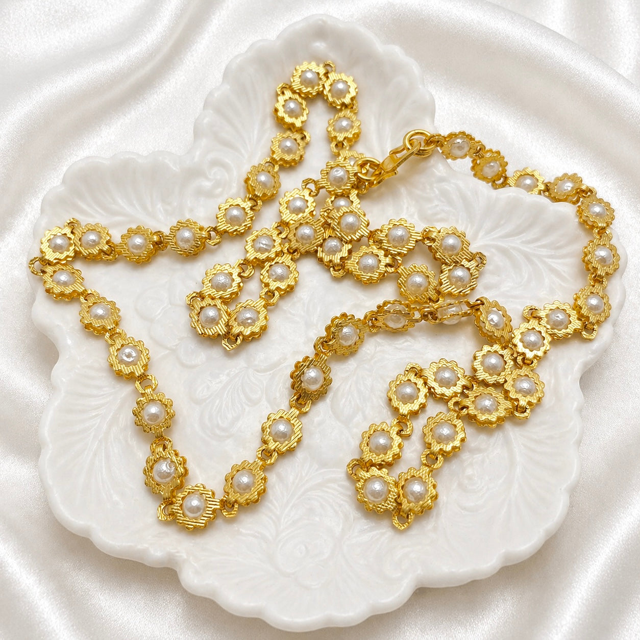 Microplated Gold Pearl Floral Neck Chain