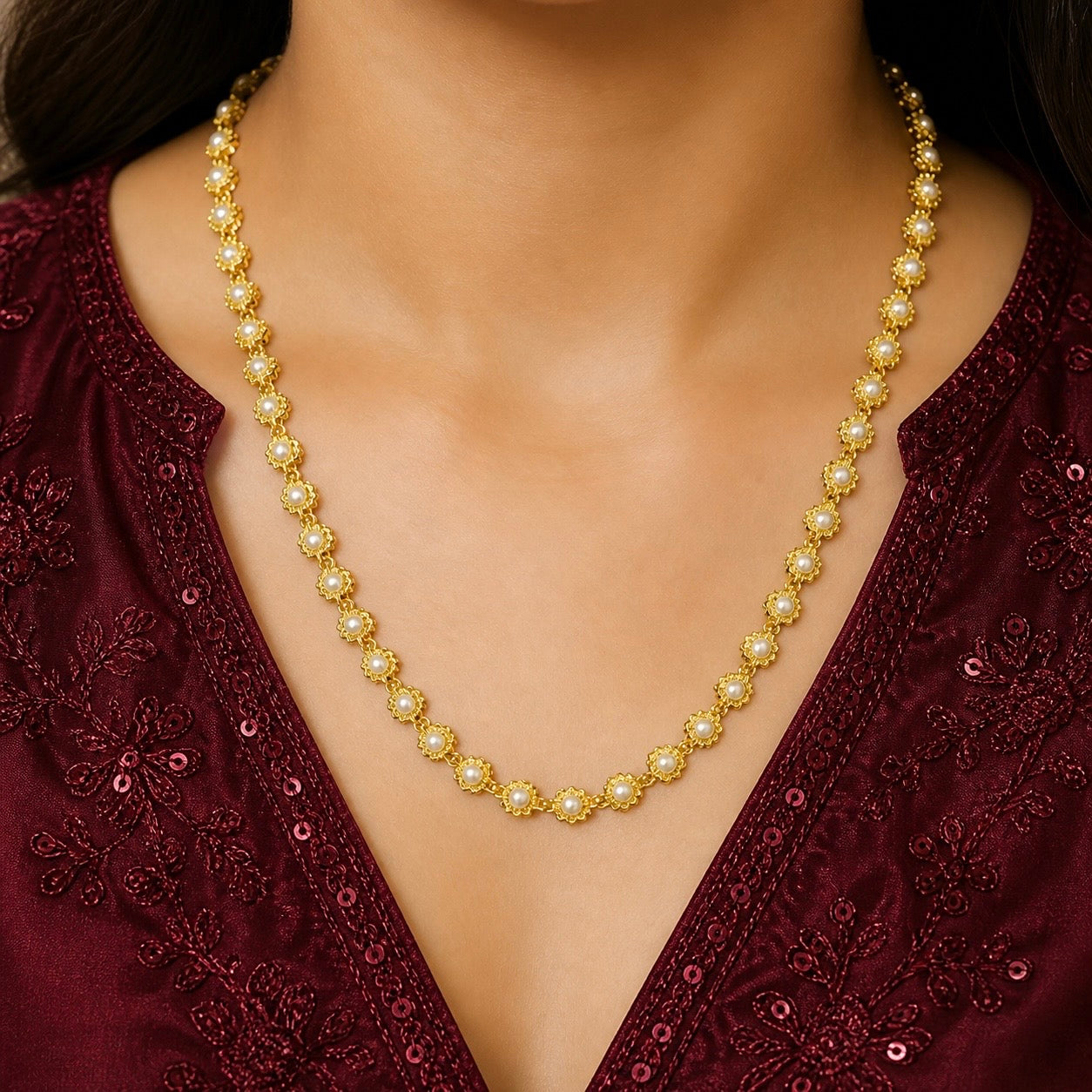 Microplated Gold Pearl Floral Neck Chain