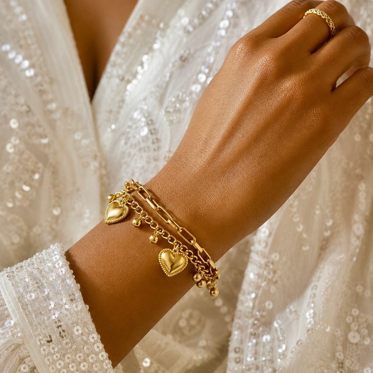 18K Gold Plated Double Layer Heart Charm Chain Bracelet | Anti Tarnish Statement Bracelet