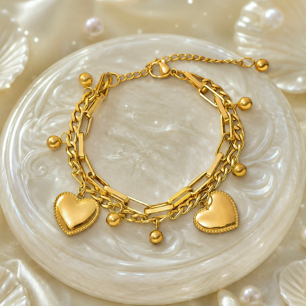 18K Gold Plated Double Layer Heart Charm Chain Bracelet | Anti Tarnish Statement Bracelet