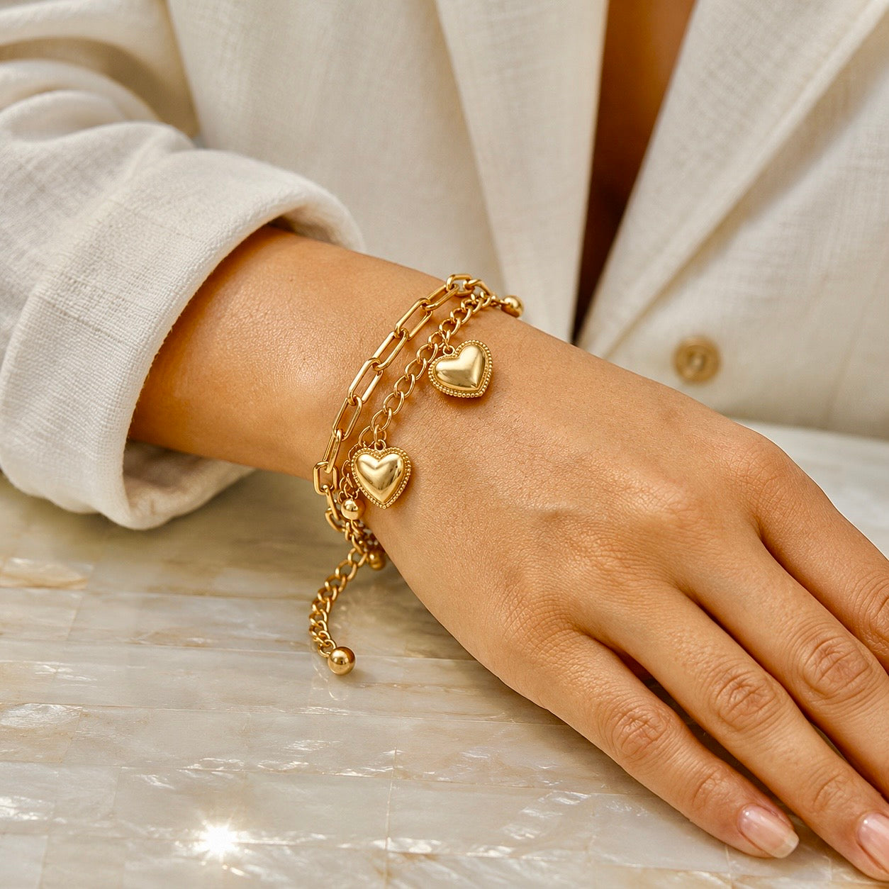 18K Gold Plated Double Layer Heart Charm Chain Bracelet | Anti Tarnish Statement Bracelet