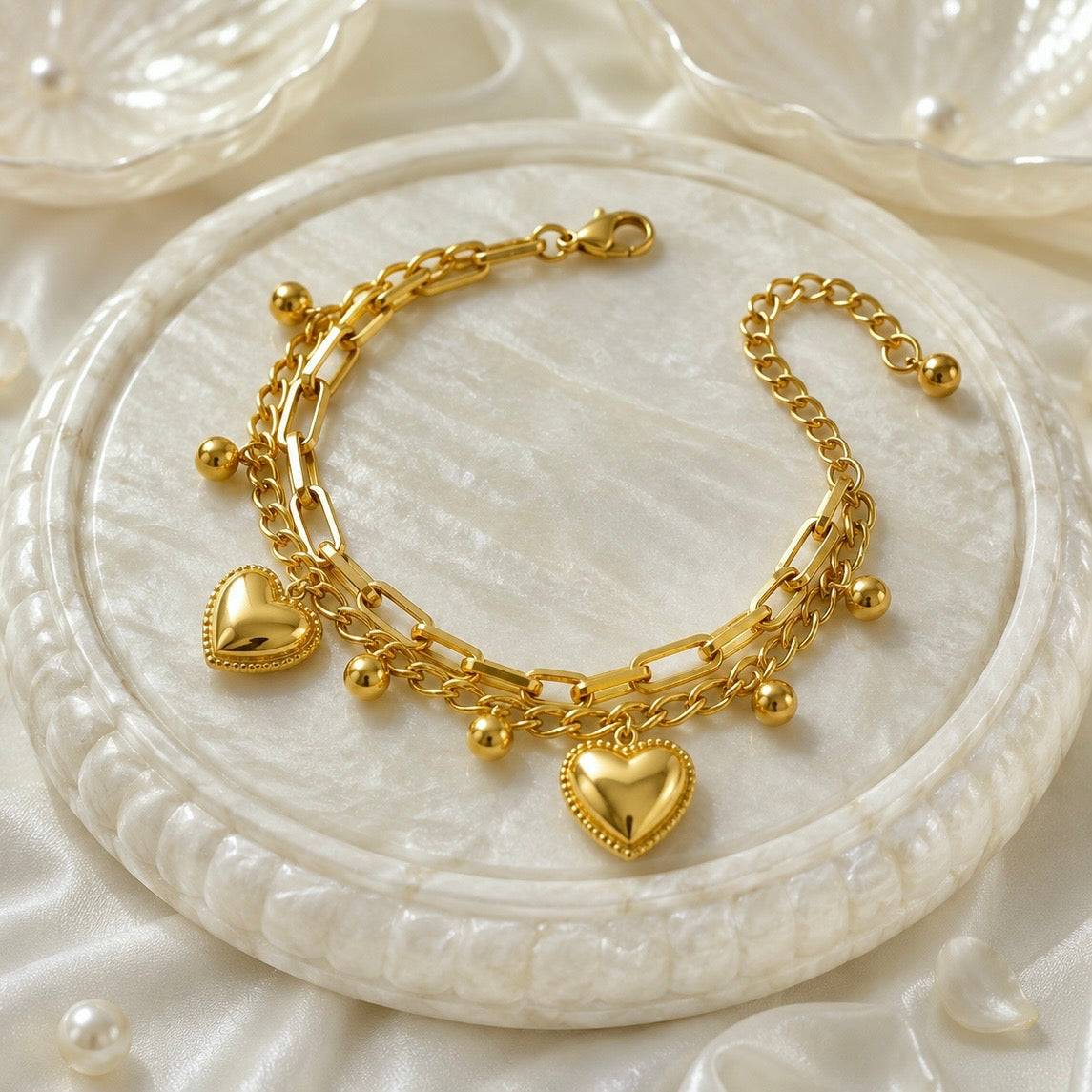 18K Gold Plated Double Layer Heart Charm Chain Bracelet | Anti Tarnish Statement Bracelet
