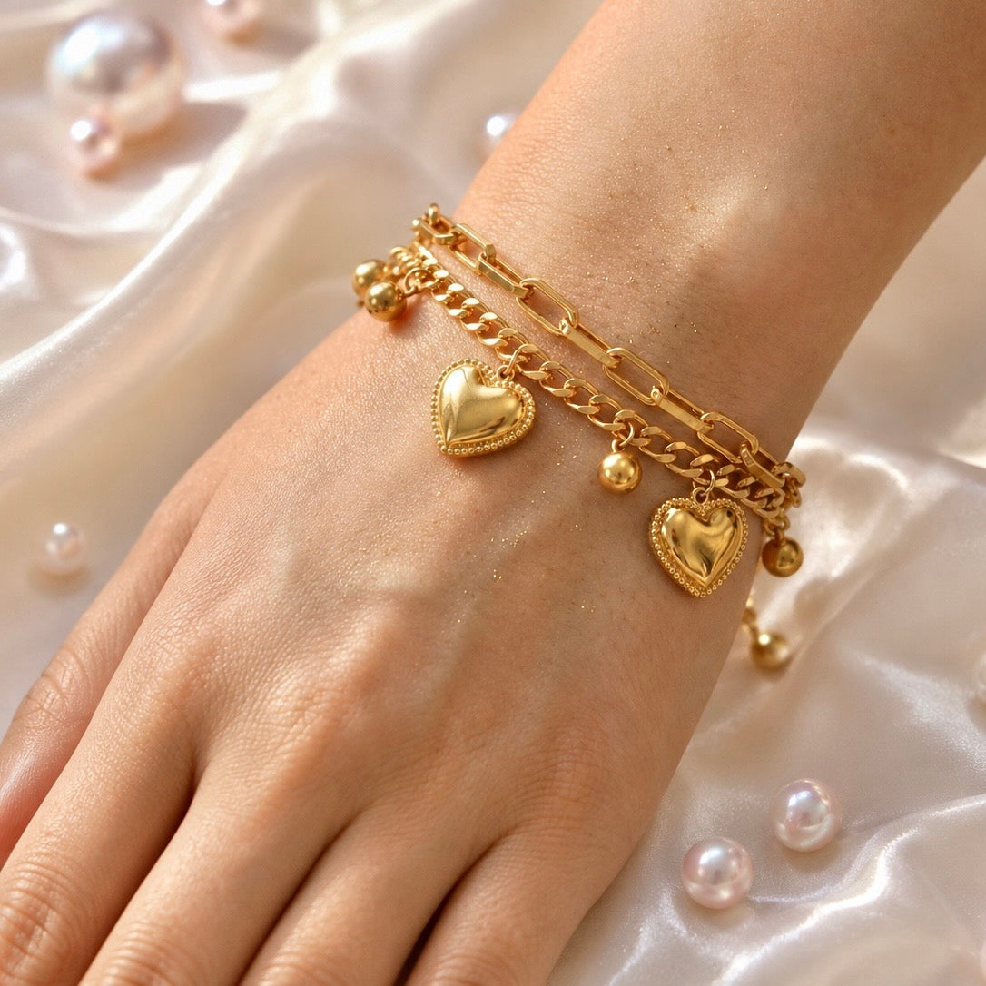 18K Gold Plated Double Layer Heart Charm Chain Bracelet | Anti Tarnish Statement Bracelet