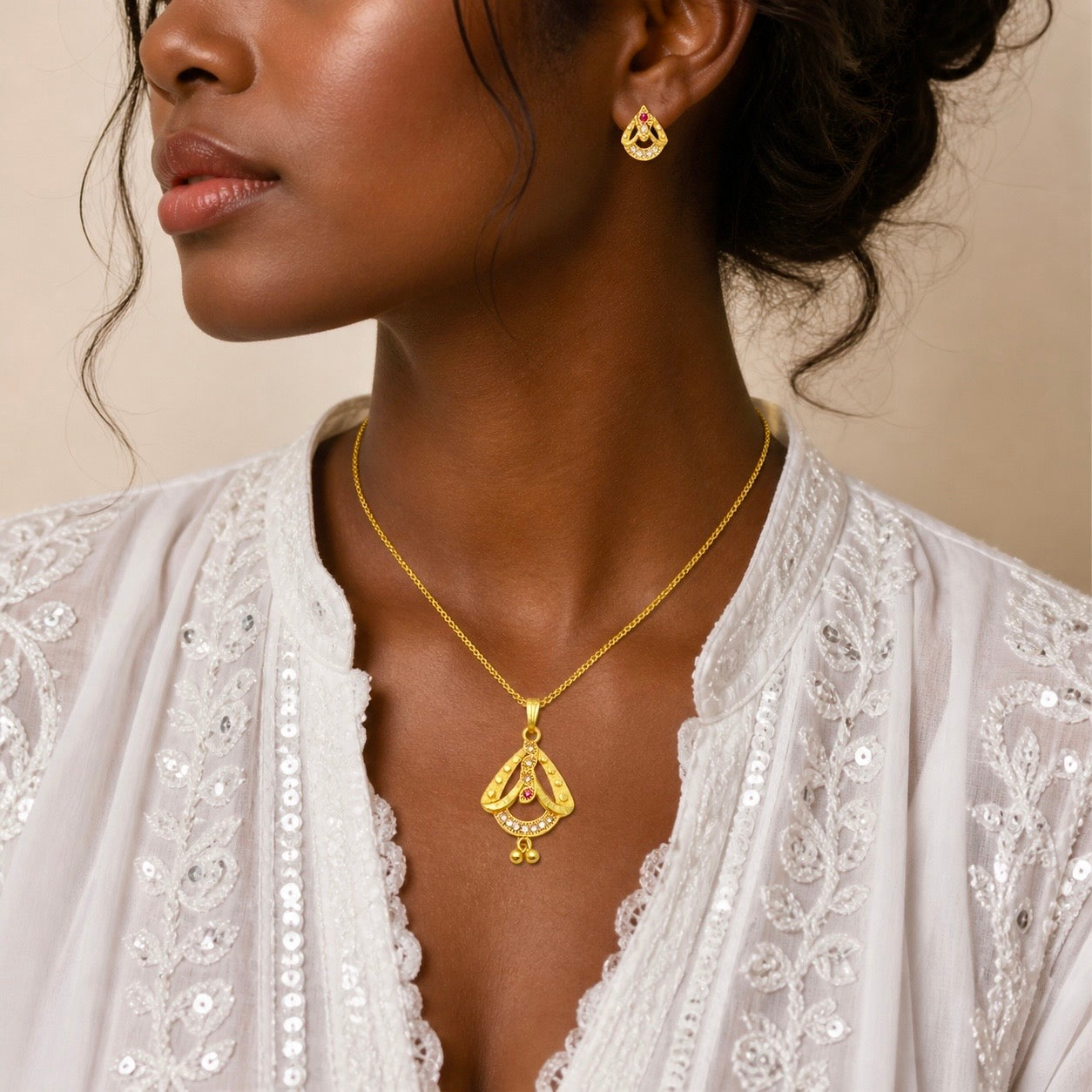 Luxury AD Ruby Teardrop Gold Pendant Necklace Set | Premium Microplated Handcrafted Jewellery Pricing
