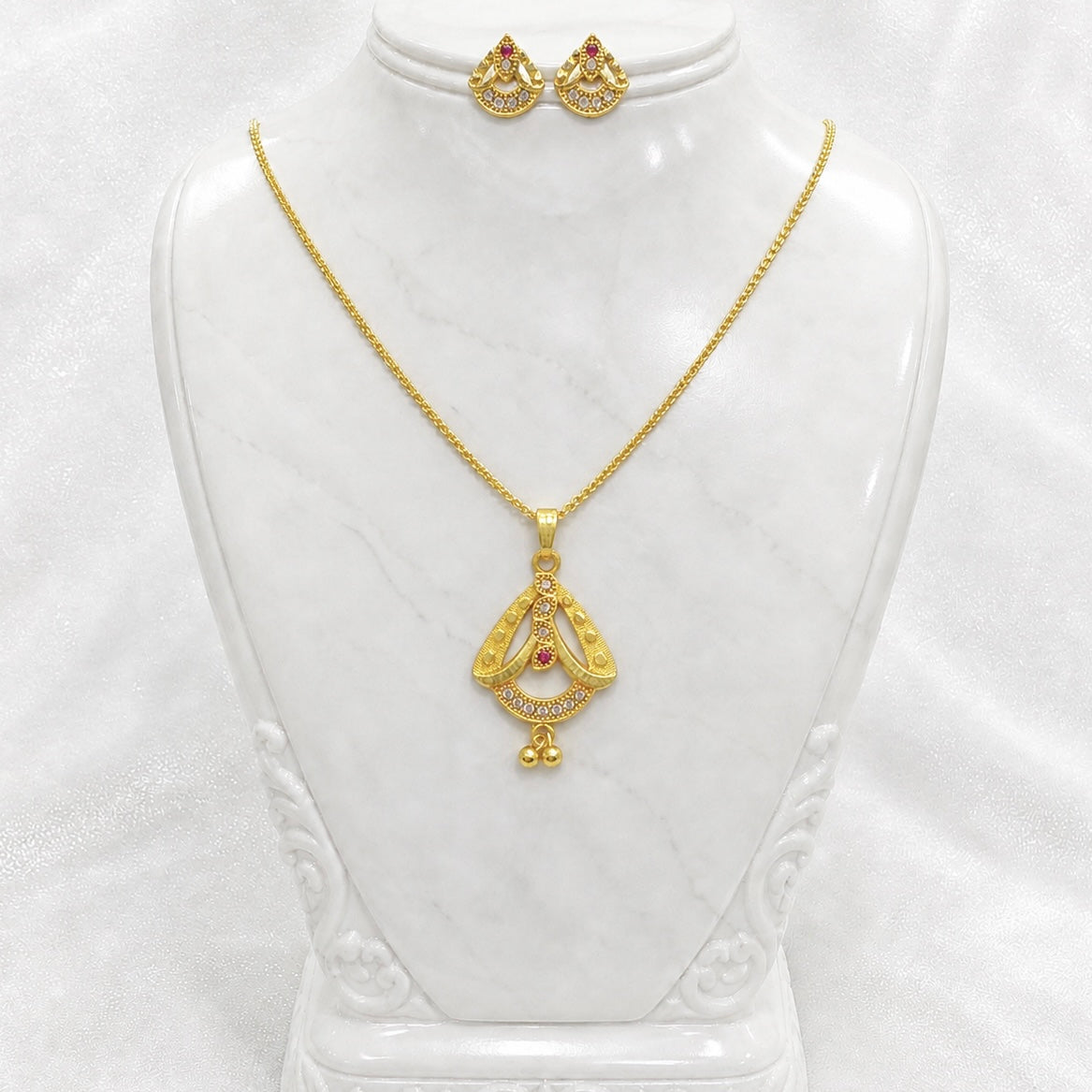 Luxury AD Ruby Teardrop Gold Pendant Necklace Set | Premium Microplated Handcrafted Jewellery Pricing