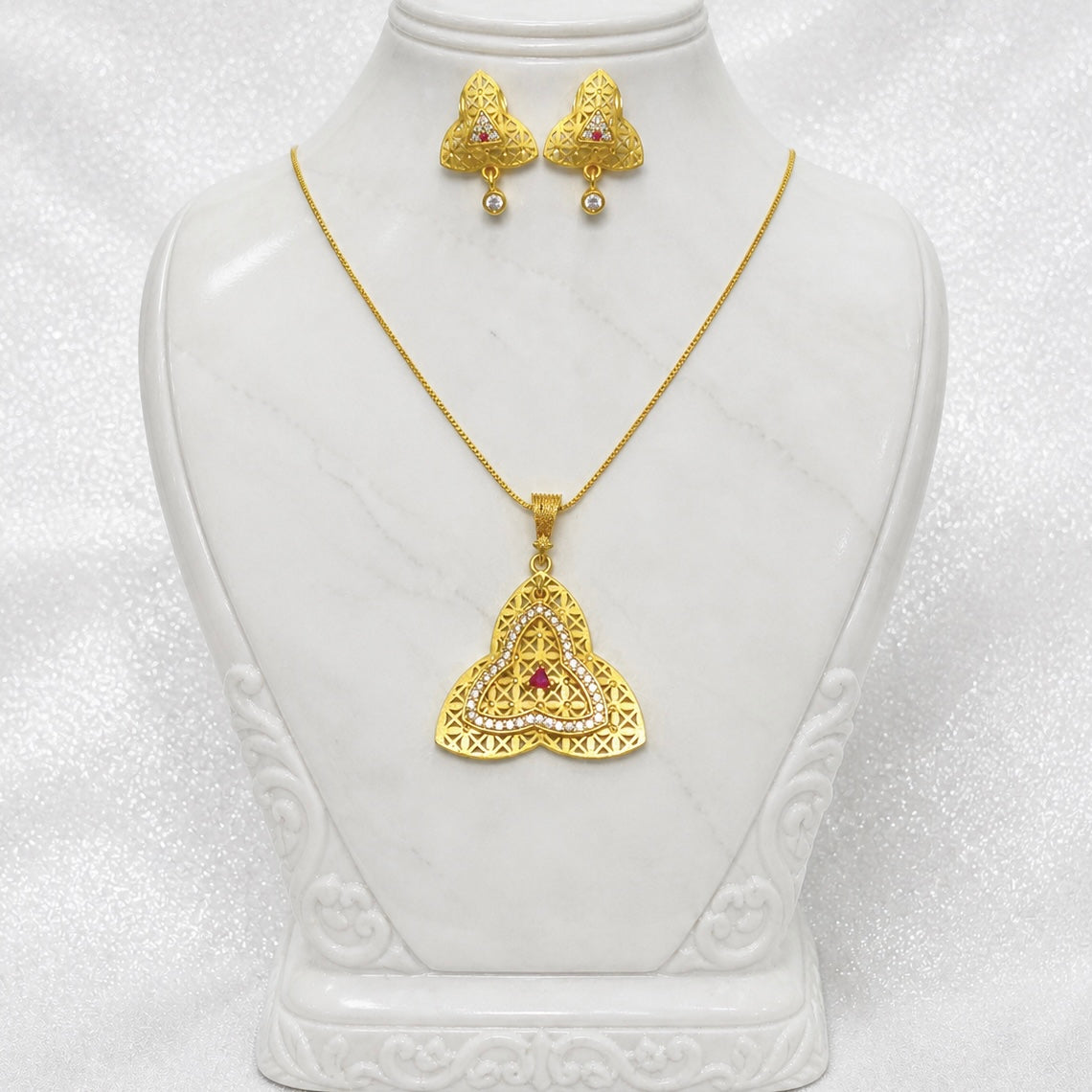 Luxury Trinity AD Ruby Gold Pendant Necklace Set | Premium Microplated Handcrafted Jewellery