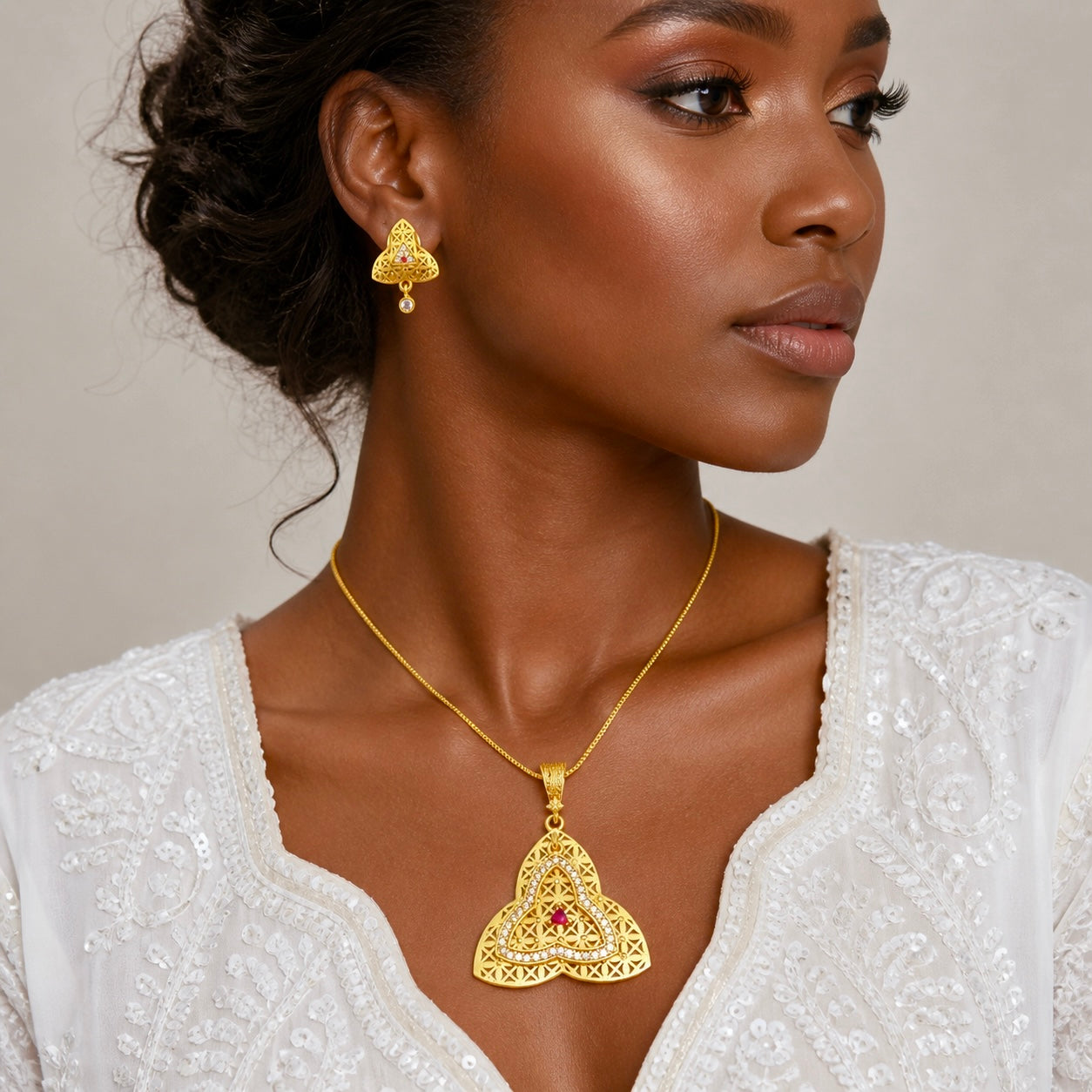 Luxury Trinity AD Ruby Gold Pendant Necklace Set | Premium Microplated Handcrafted Jewellery