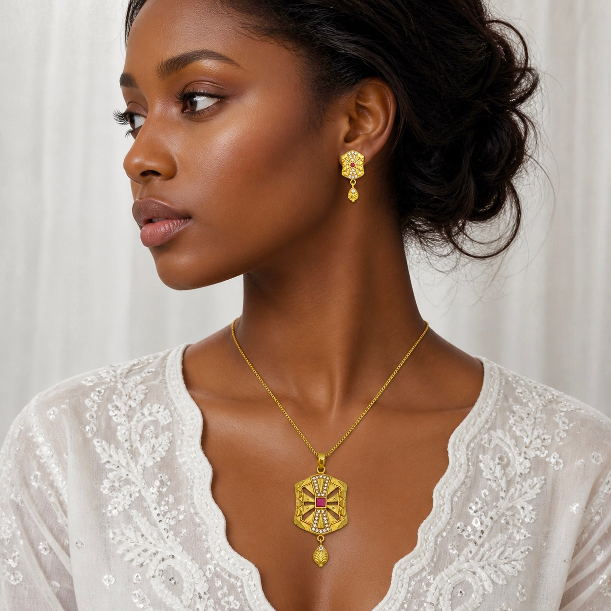 Luxury Ruby AD Statement Gold Necklace Set | Premium Microplated Handcrafted Jewellery
