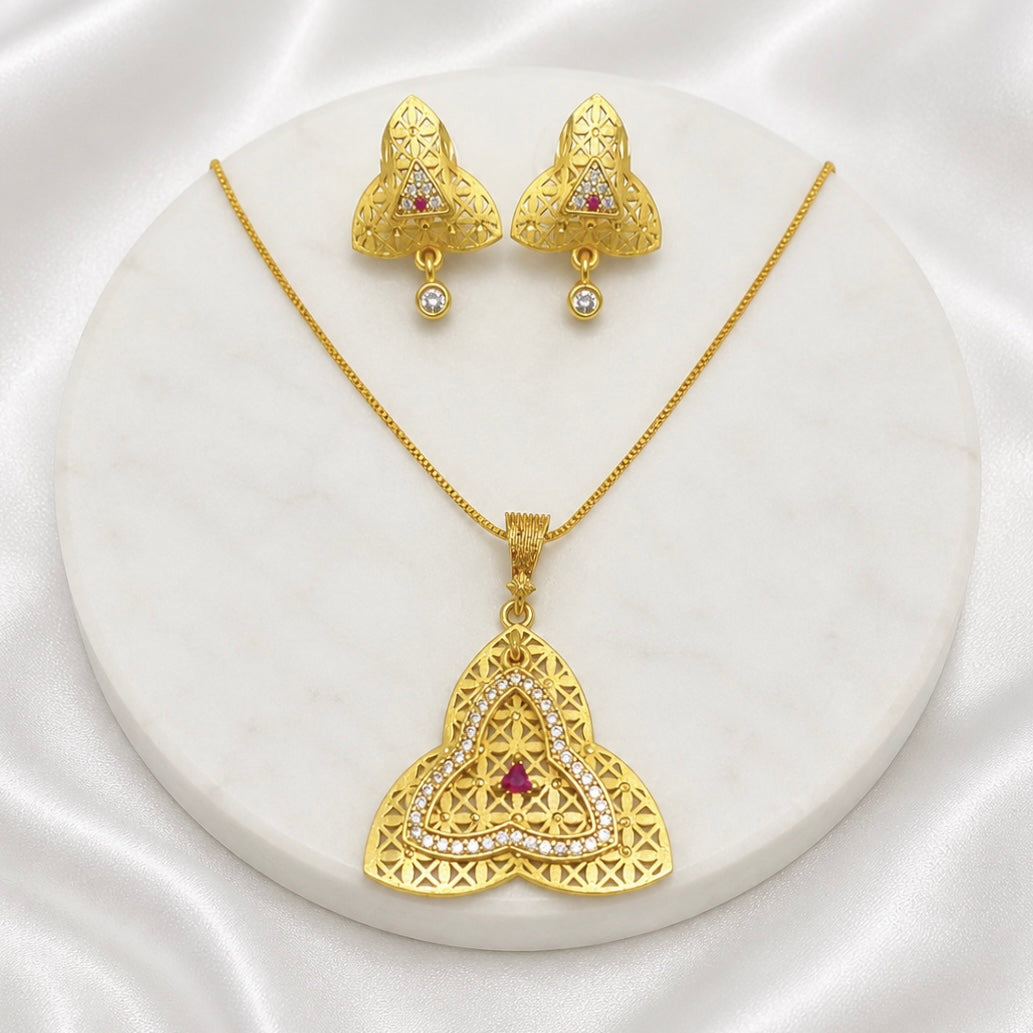 Luxury Trinity AD Ruby Gold Pendant Necklace Set | Premium Microplated Handcrafted Jewellery