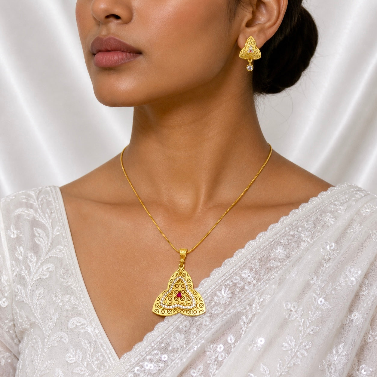 Luxury Trinity AD Ruby Gold Pendant Necklace Set | Premium Microplated Handcrafted Jewellery