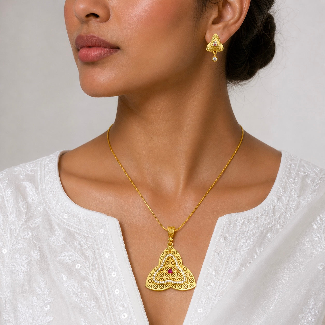 Luxury Trinity AD Ruby Gold Pendant Necklace Set | Premium Microplated Handcrafted Jewellery