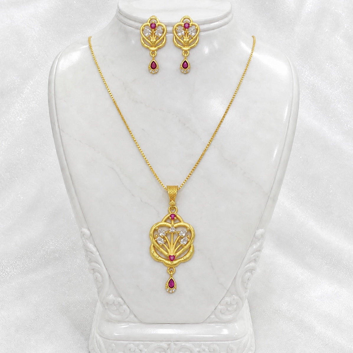 Luxury Floral Heart AD Ruby Gold Pendant Necklace Set | Premium Microplated Handcrafted Jewellery