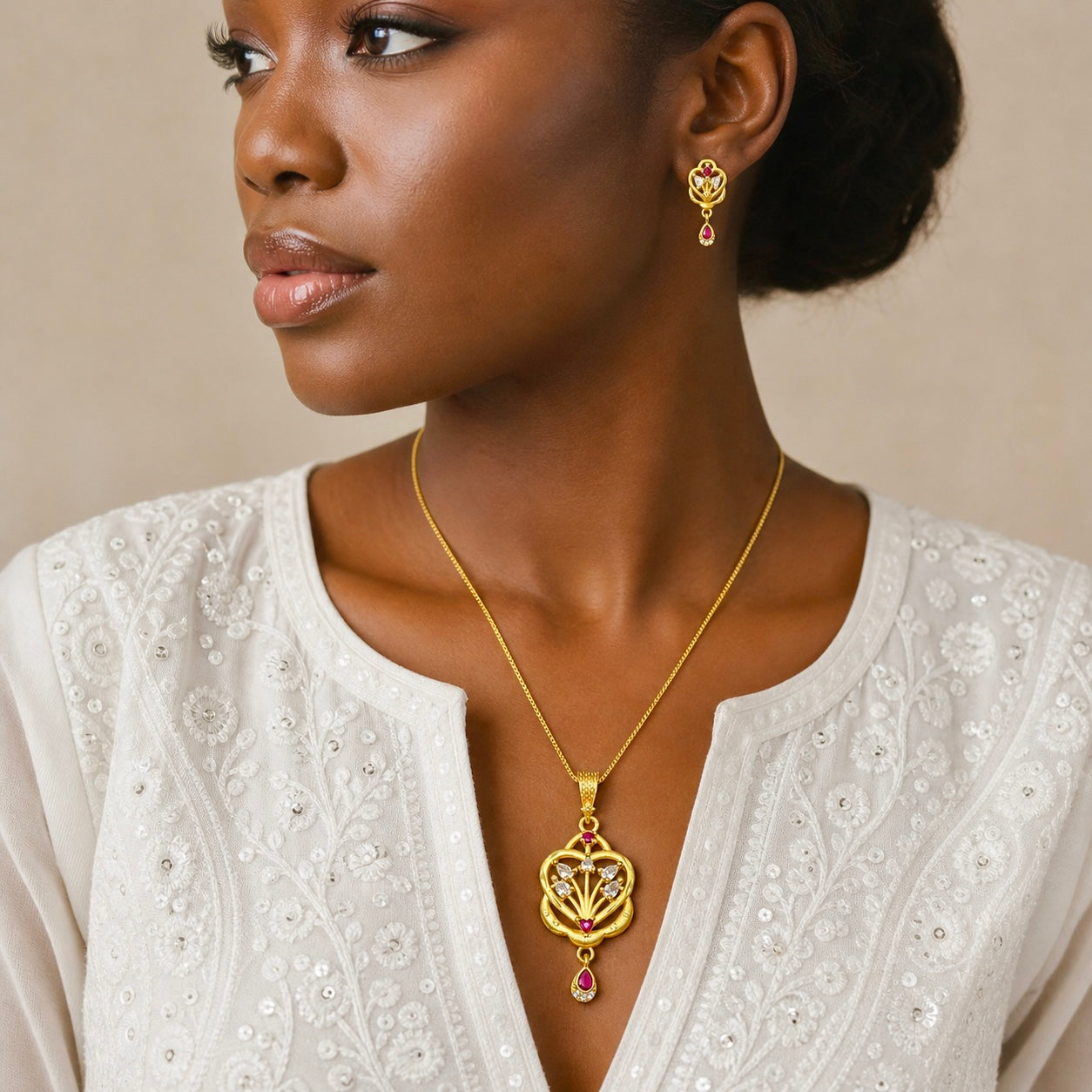 Luxury Floral Heart AD Ruby Gold Pendant Necklace Set | Premium Microplated Handcrafted Jewellery