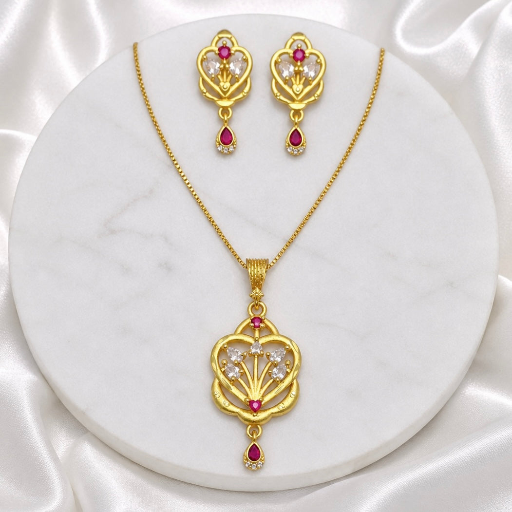 Luxury Floral Heart AD Ruby Gold Pendant Necklace Set | Premium Microplated Handcrafted Jewellery