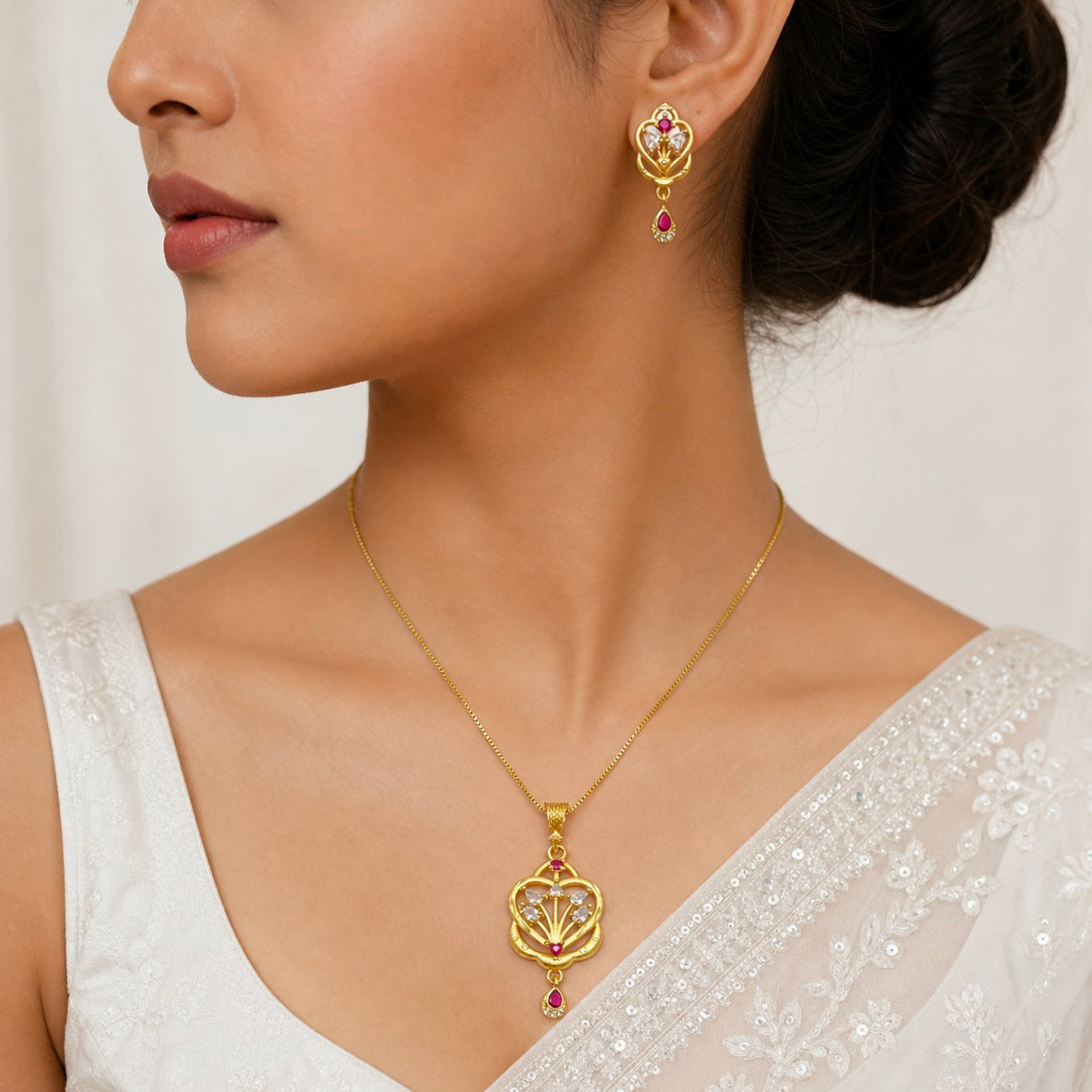 Luxury Floral Heart AD Ruby Gold Pendant Necklace Set | Premium Microplated Handcrafted Jewellery