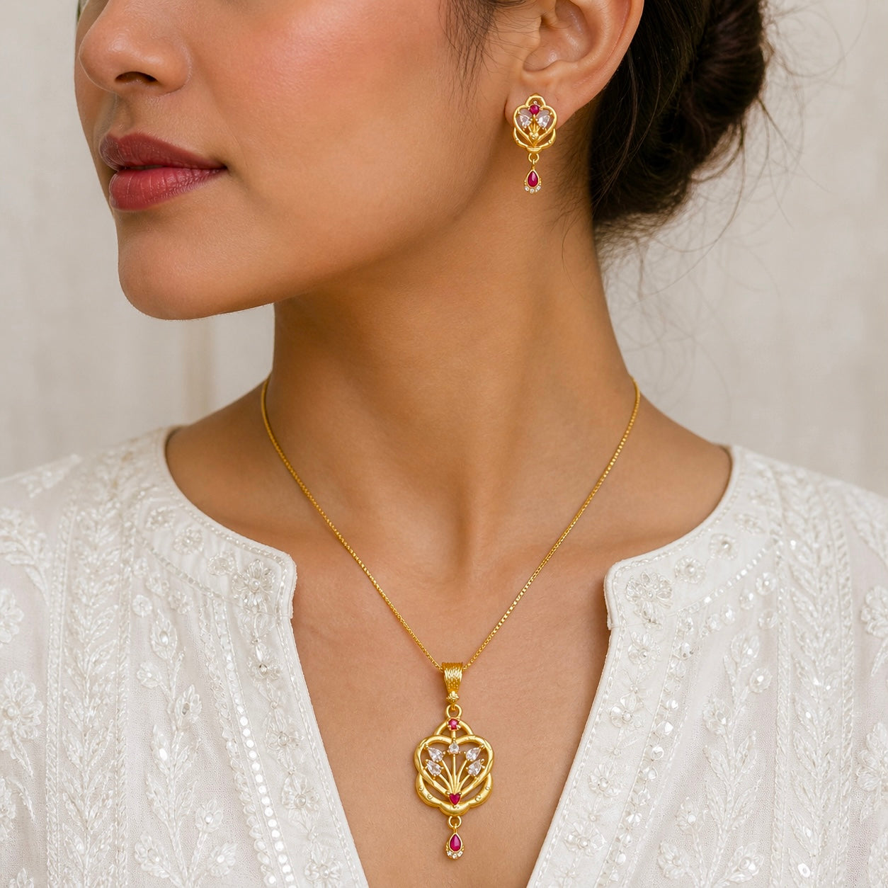 Luxury Floral Heart AD Ruby Gold Pendant Necklace Set | Premium Microplated Handcrafted Jewellery