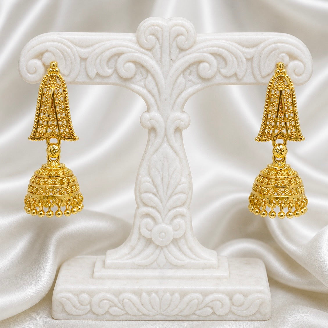 Traditional Temple Gold Jhumki Earrings | Ghungroo Mesh Handcrafted Jhumki Pair