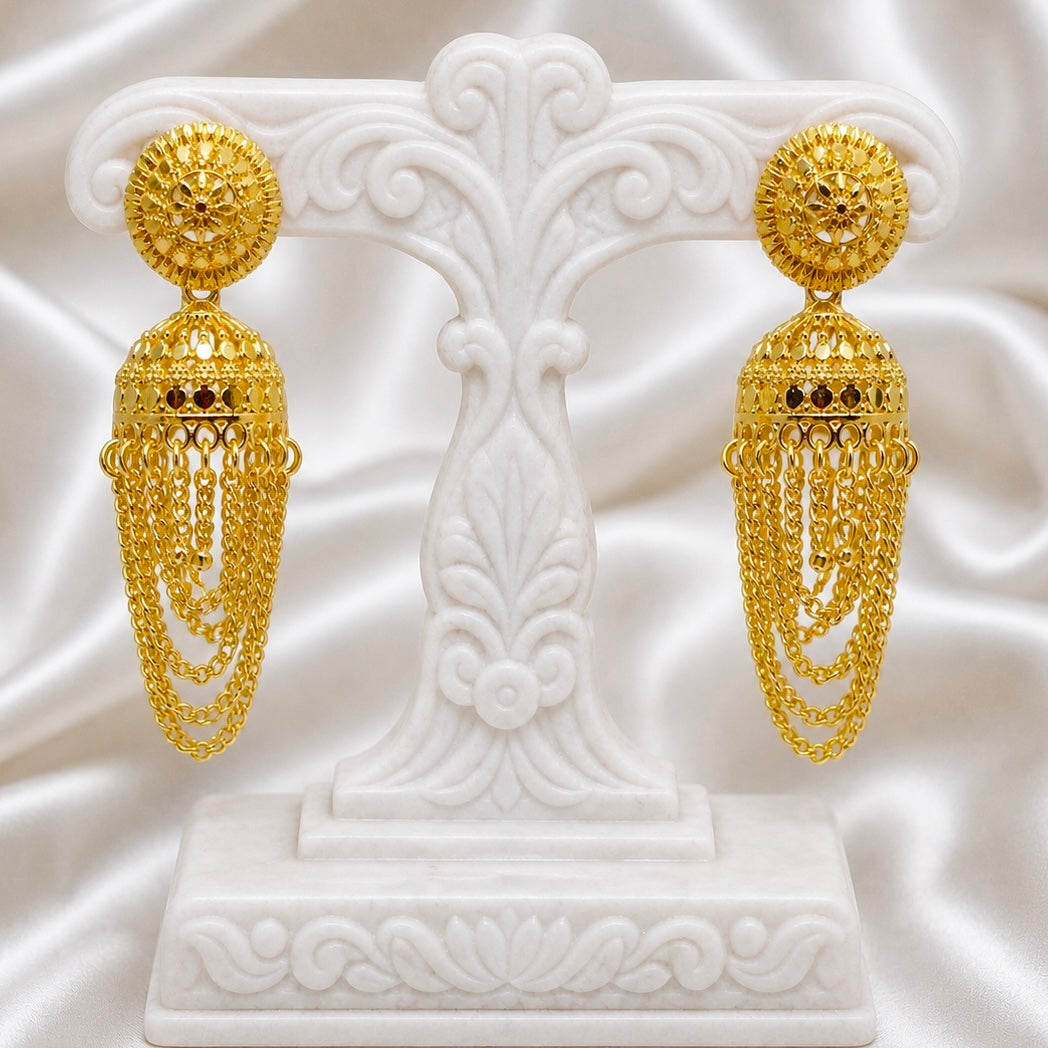 Traditional Gold Chain-Tassel Jhumki Earrings | Handmade Temple Jewellery